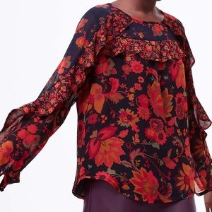 Ann Taylor LOFT Floral Ruffle Trim Blouse. Large